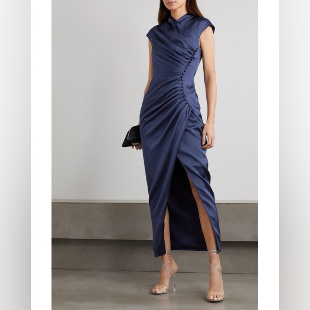 NWT Rasario blue satin button draped midi dress